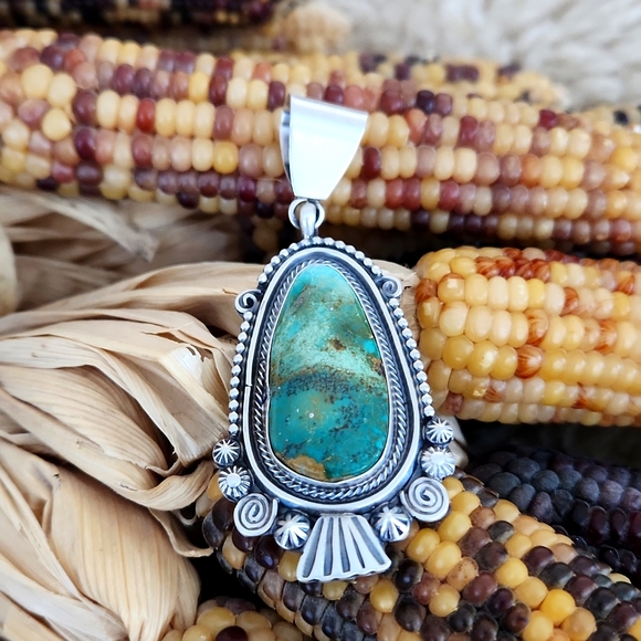 NWOT Native American Navajo Royston Turquoise & Sterling Large Pendant 💙💚🎁 - Picture 11 of 11